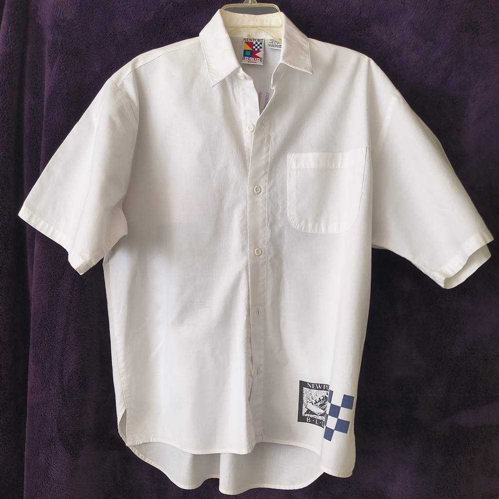 Newport White Short-Sleeve Button-Up Shirt with Patch and Checker Detail